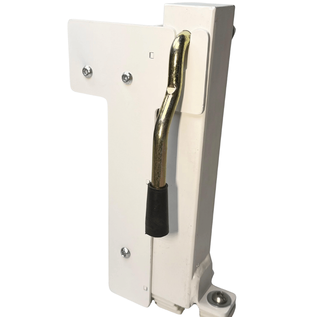 Angled view of the 40mm tray side shortening kit displaying the white bracket plate, fixing bolts, and chrome S-shaped locking handle positioned within the upright channel, photographed against a black background