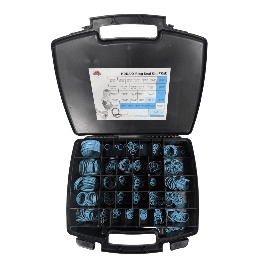 HDSA FKM O-Ring Seal Kit in open black carry case with part number reference chart and assorted blue viton o-rings