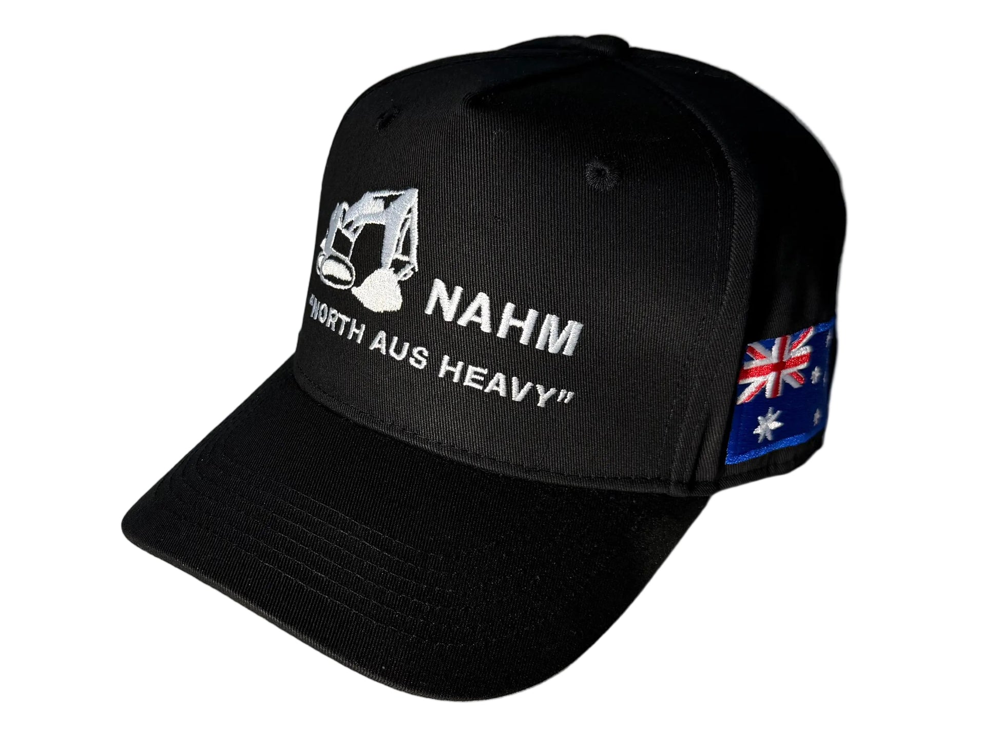 A black trucker-style cap with white embroidered text reading 'NAHM NORTH AUS HEAVY' and a small Australian flag patch on the side.