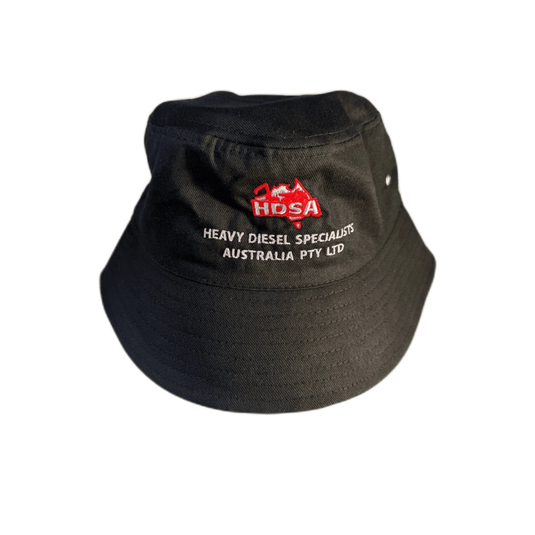 Black HDSA branded bucket hat with embroidered Heavy Diesel Specialists Australia logo