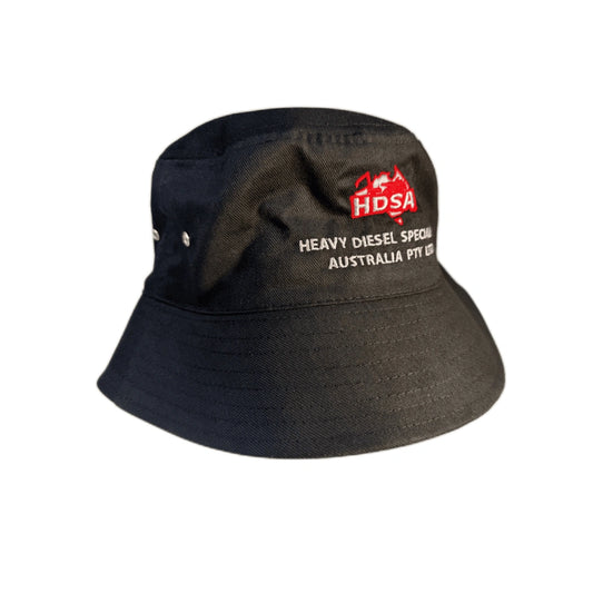 Black HDSA branded bucket hat with embroidered Heavy Diesel Specialists Australia logo