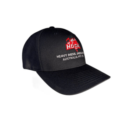 Angled front view of black HDSA branded snapback hat