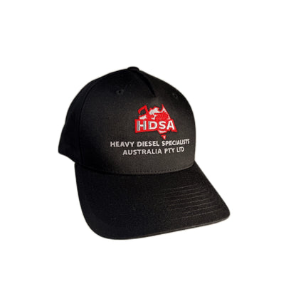 Black HDSA snapback cap with red embroidered logo front view