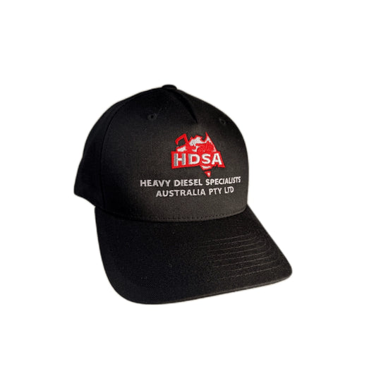 Black HDSA snapback cap with red embroidered logo front view