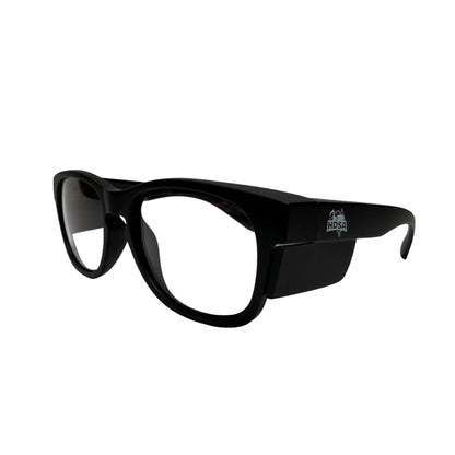 Black comfort slim safety glasses with clear lenses side view