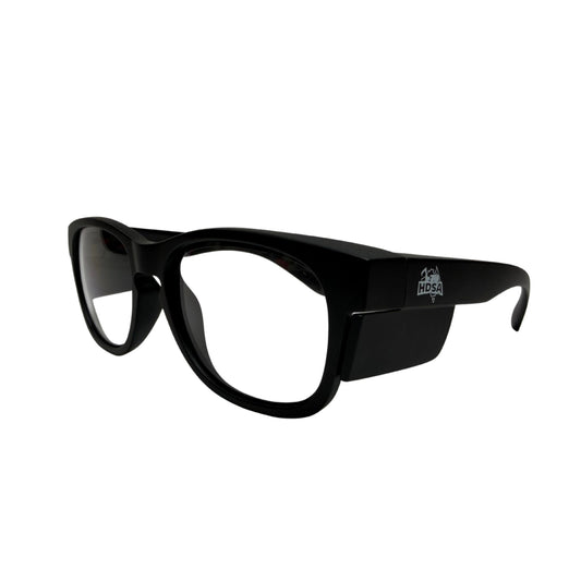 Black comfort slim safety glasses with clear lenses side view