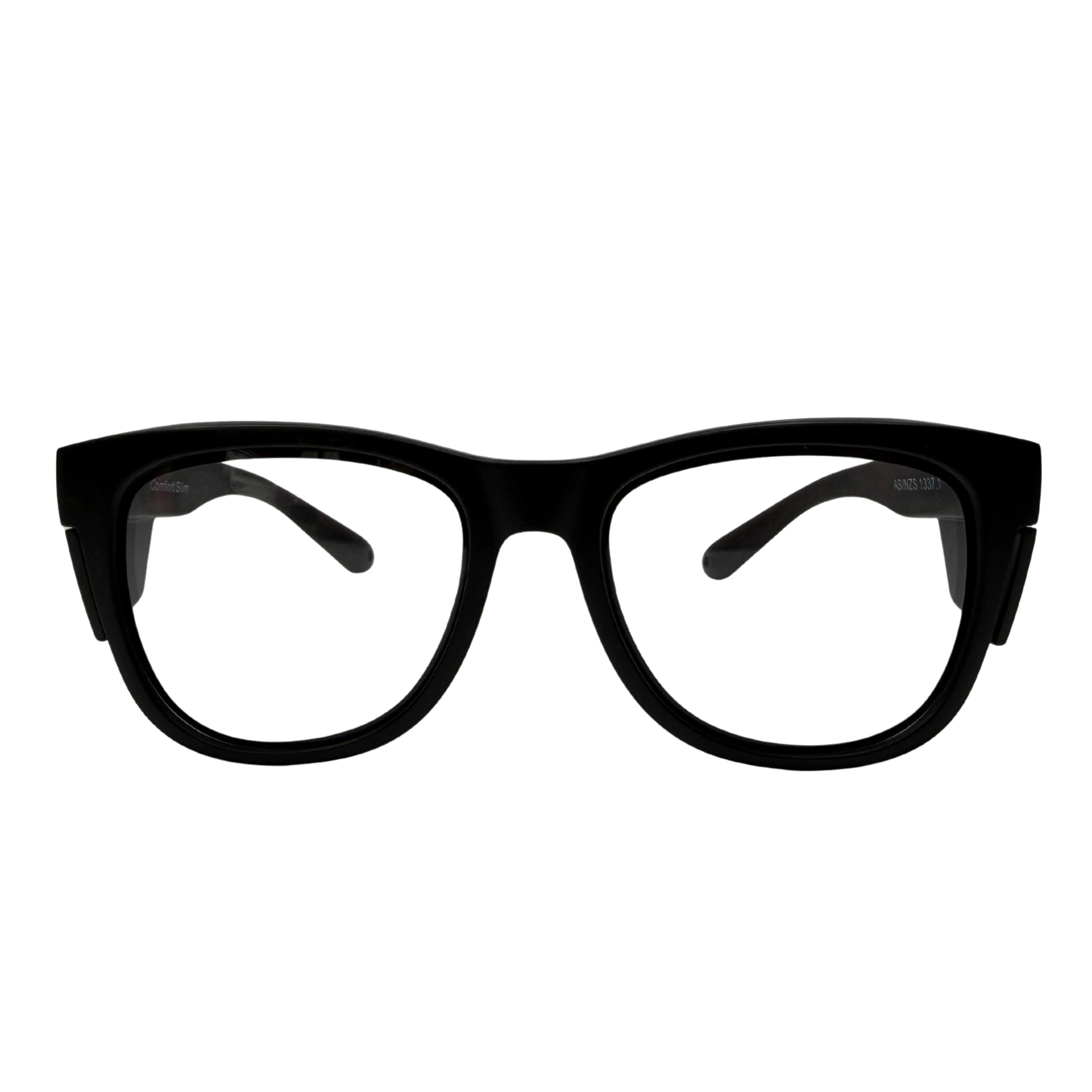 Black comfort slim safety glasses with clear lenses front view