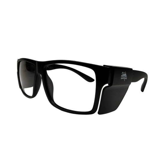 Black full fit safety glasses with clear lenses side view