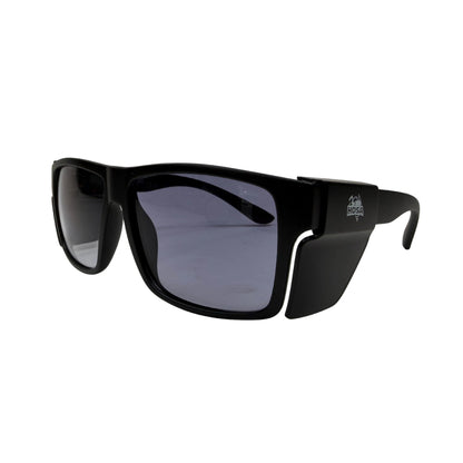 Black full fit safety glasses with tinted lenses side view