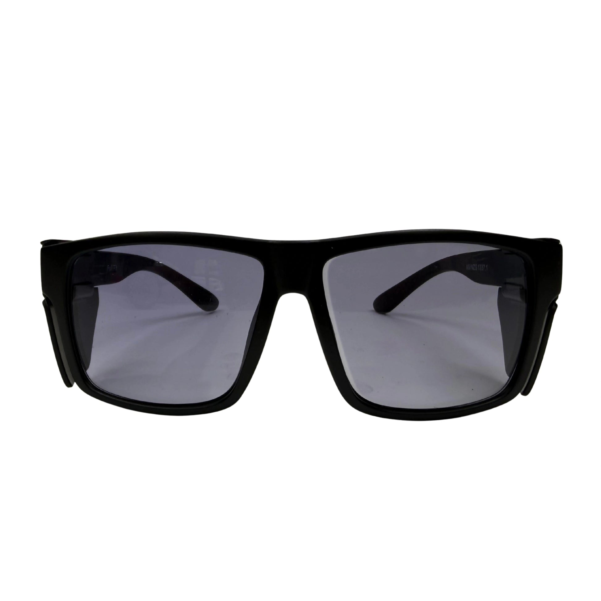 Black full fit safety glasses with tinted lenses front view