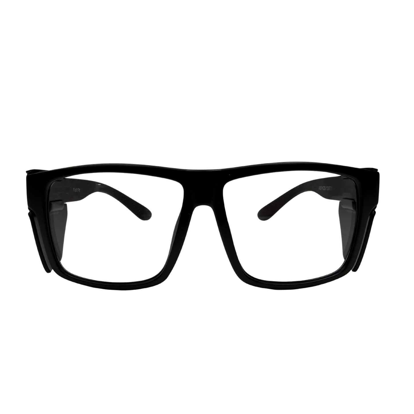 Black full fit safety glasses with clear lenses front view