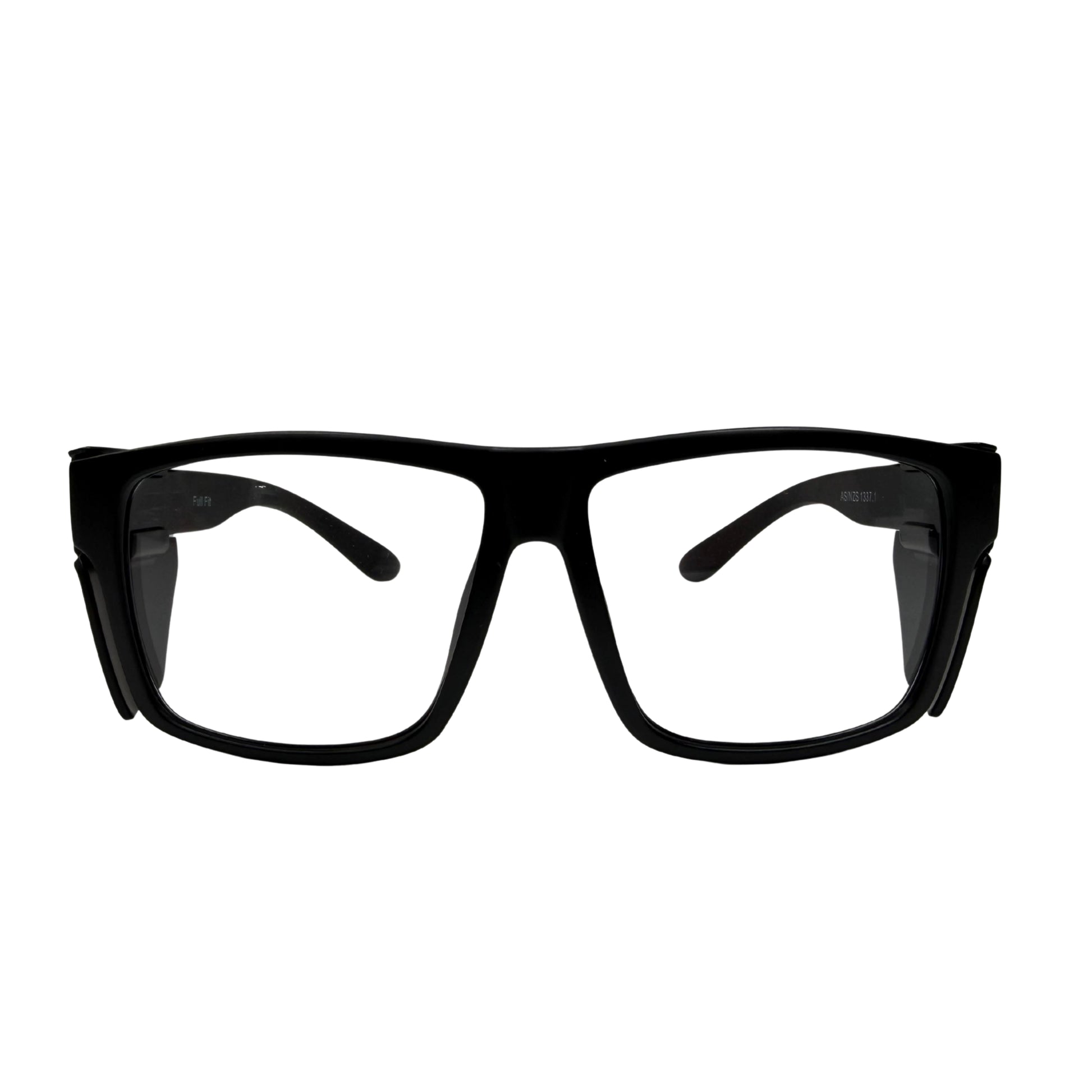 Black full fit safety glasses with clear lenses front view