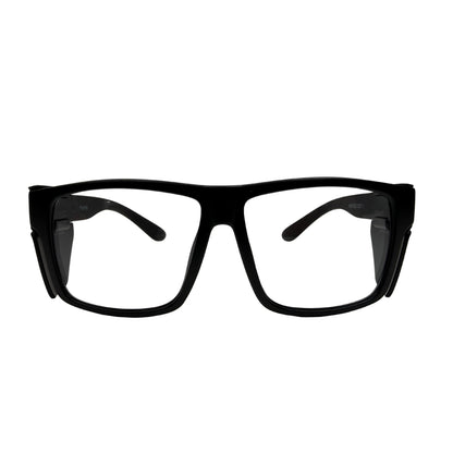 Black full fit safety glasses with clear lenses front view