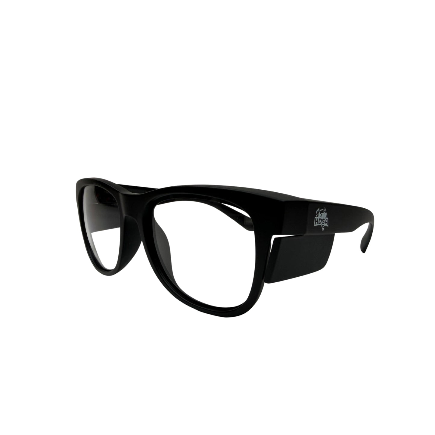 Black slim guard safety glasses with clear lenses side view