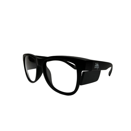 Black slim guard safety glasses with clear lenses side view