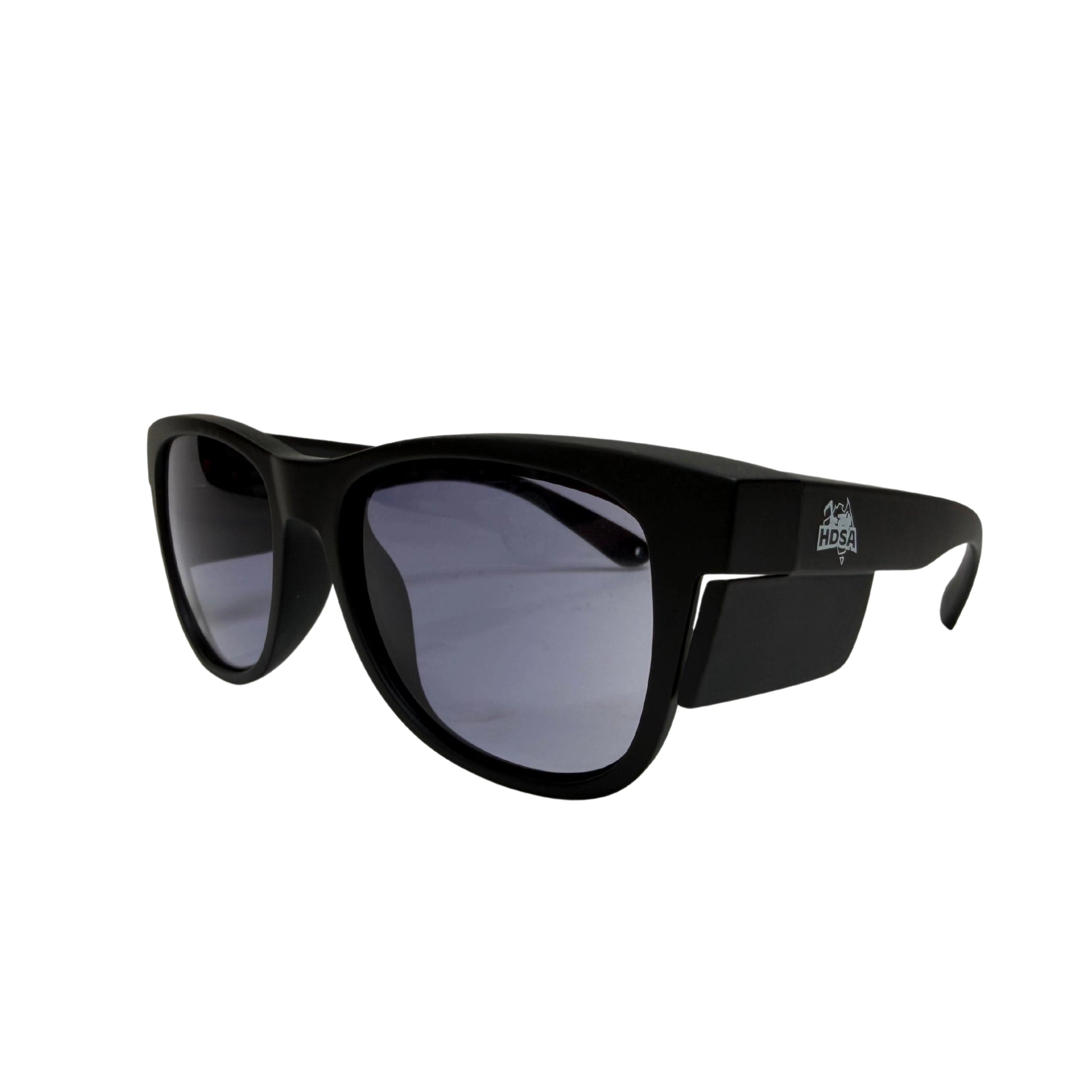 Black slim guard safety glasses with tinted lenses side view