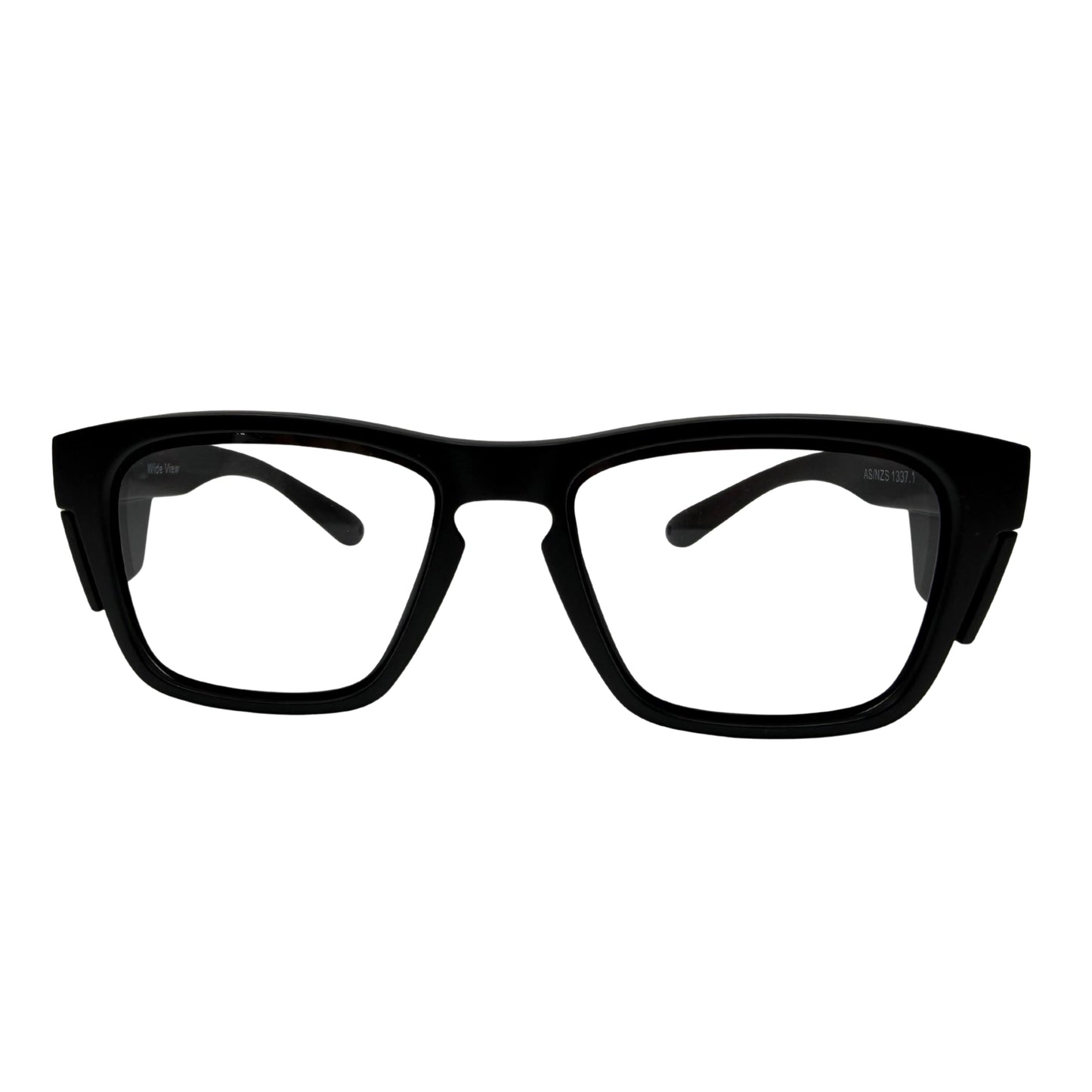 Black slim guard safety glasses with clear lenses front view