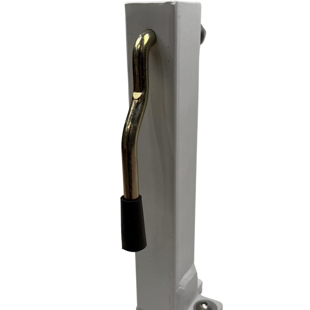 Side profile of the tray side shortening upright  a white steel rectangular post with a chrome S-shaped locking handle threaded through a vertical slot and a black rubber tip at the lower end, photographed against a black background.