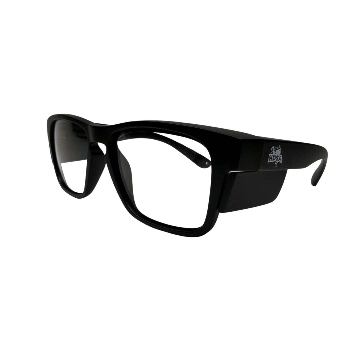 Black wide view safety glasses with clear lenses side view