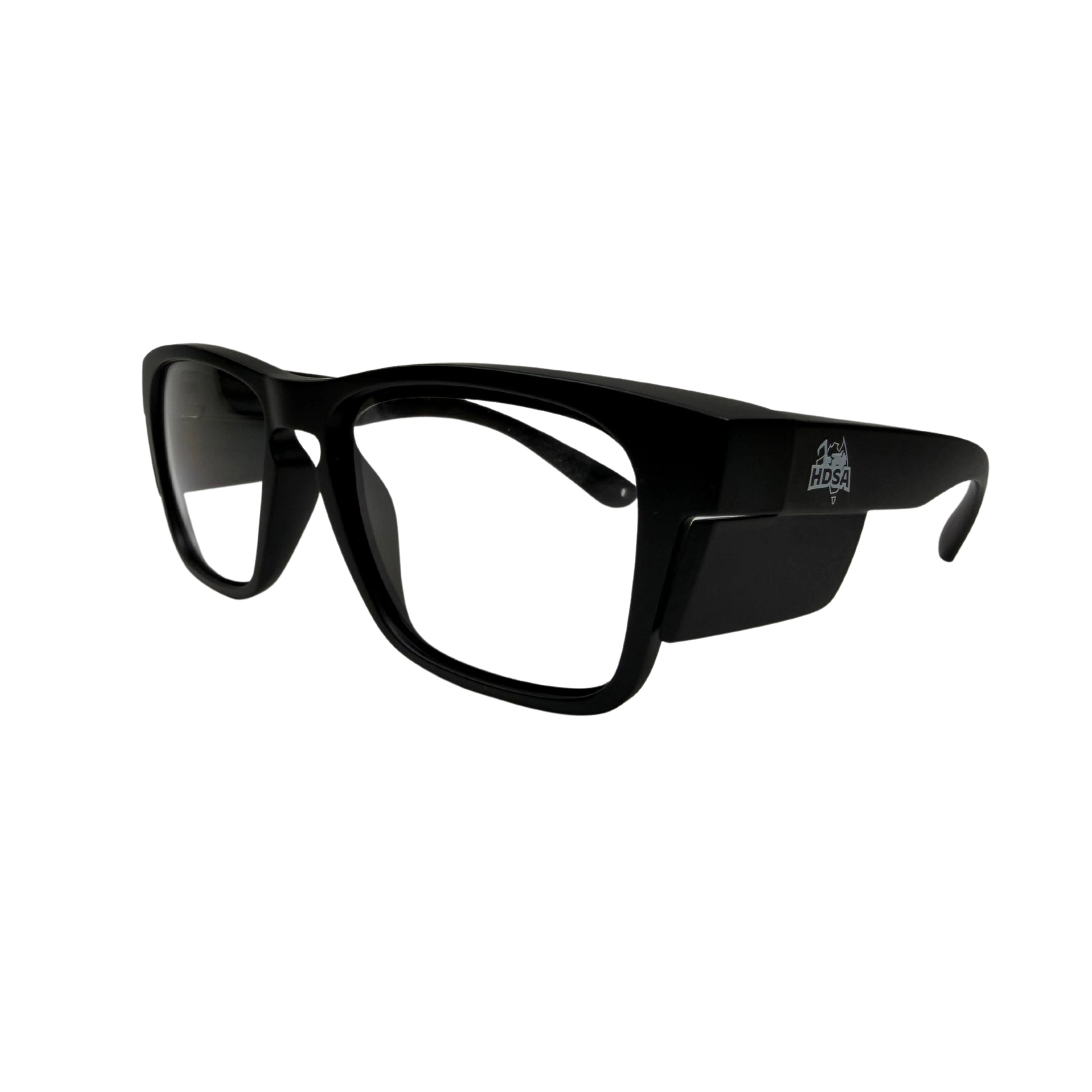 Black wide view safety glasses with clear lenses side view