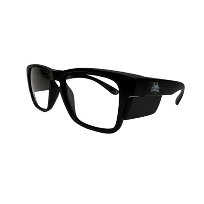 Black wide view safety glasses with clear lenses side view
