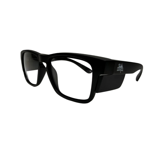 Black wide view safety glasses with clear lenses side view