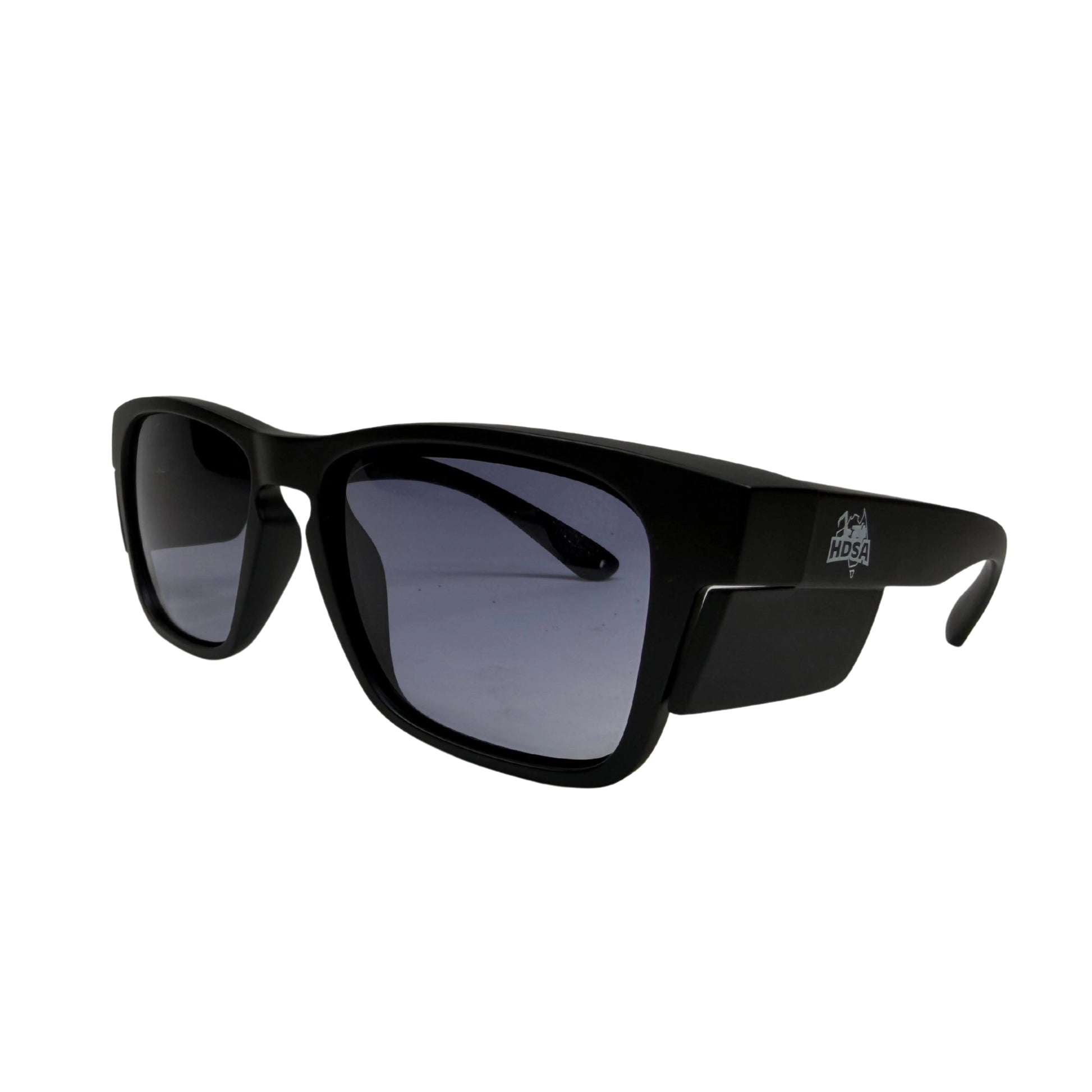 Black wide view safety glasses with tinted lenses side view
