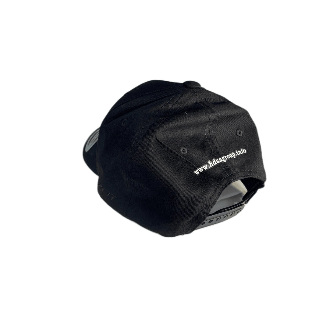 Black HDSA branded bucket hat front view