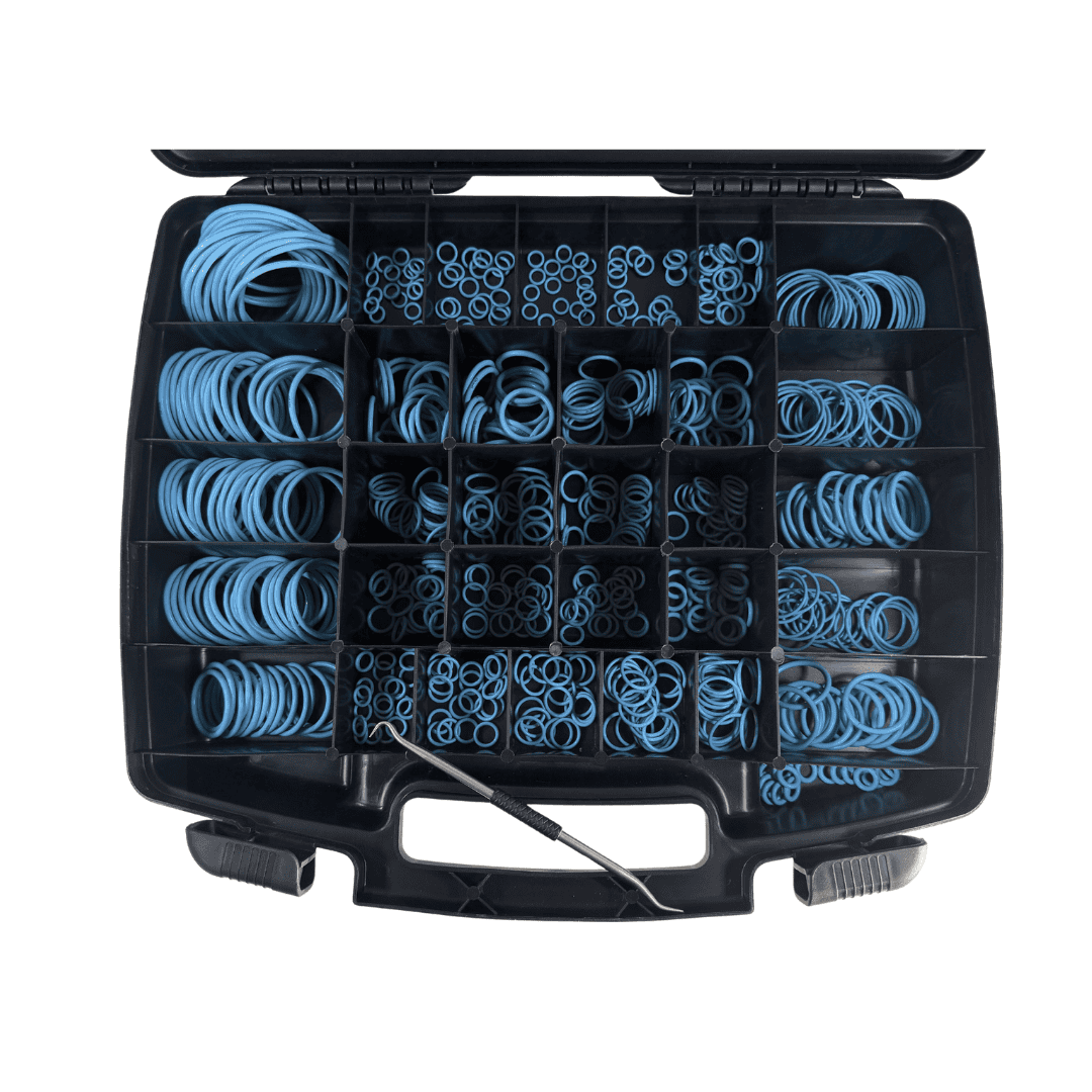 HDSA FKM O-Ring Seal Kit open case with blue viton o-rings sorted in labelled compartments and o-ring pick tool included