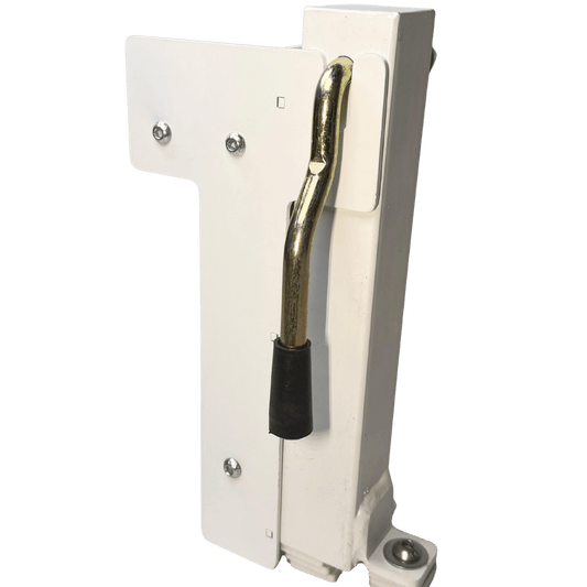 Angled view of the 40mm tray side shortening kit displaying the white bracket plate, fixing bolts, and chrome S-shaped locking handle positioned within the upright channel, photographed against a black background